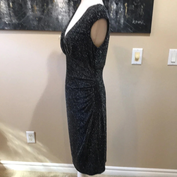 NWT Lauren Ralph Lauren Silver Sparkle Black Cinched Waist V-neck Midi Dress-8 - Picture 4 of 10